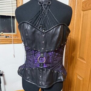 Vintage Black Faux Leather and Purple Brocade Corset Top